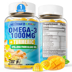 Front view of vegan omega-3 gummies turmeric bottle