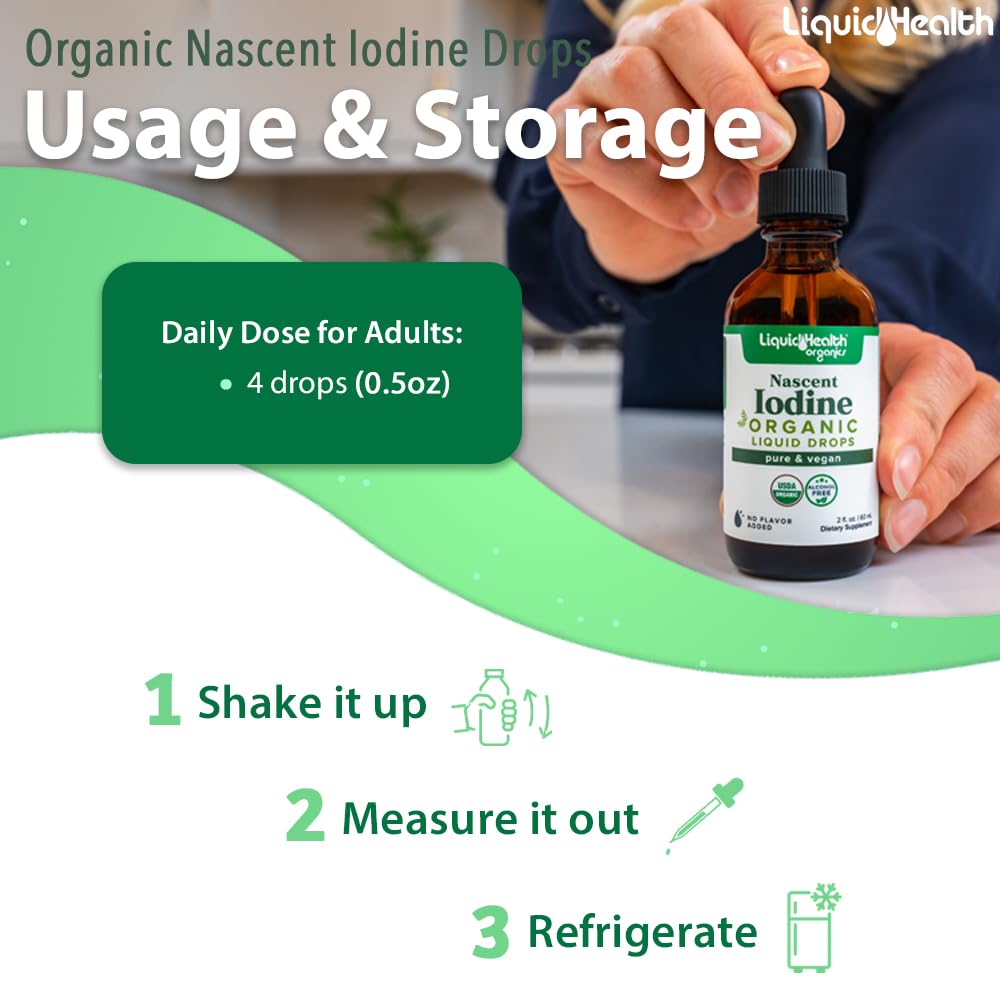 Packaging of vegan, organic iodine drops 2 oz showing non-GMO, gluten-free attributes