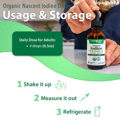 Packaging of vegan, organic iodine drops 2 oz showing non-GMO, gluten-free attributes