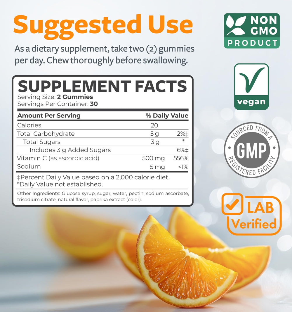 Ingredient panel and nutritional facts for vegan vitamin C gummies
