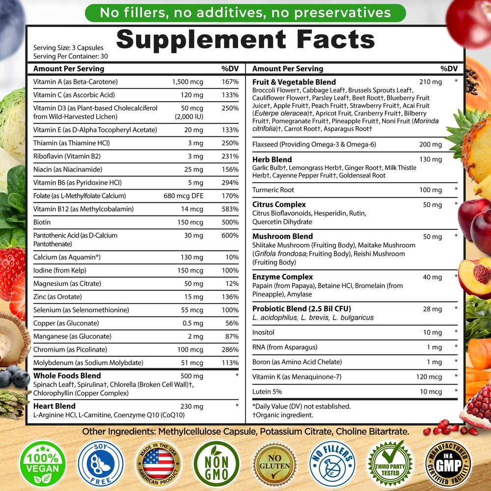 Product label highlighting vegan, non-GMO, iron-free features