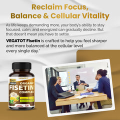 Close-up view of ingredients: Fisetin, Quercetin, Resveratrol, Ashwagandha, Maca Root, Turmeric, Black Pepper