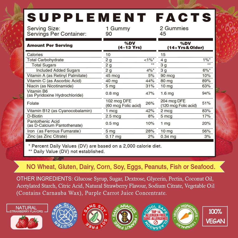 Back nutrition panel on Vegepower Iron Gummies Strawberry bottle