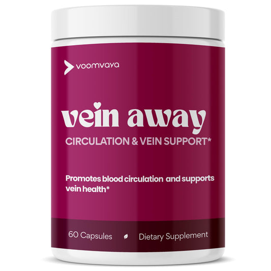 VoomVaya Vein Away bottle with capsules on a white background