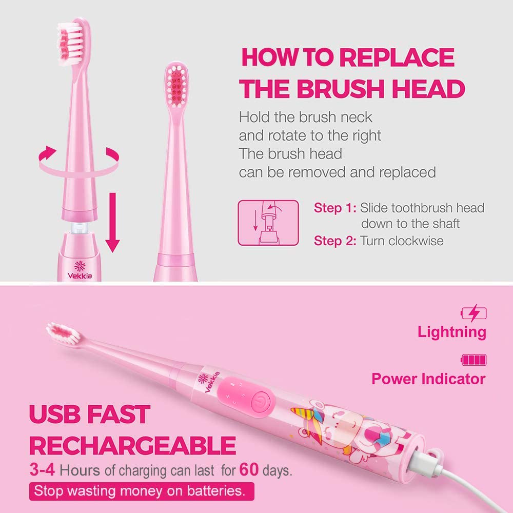 Side view of pink Vekkia kids sonic toothbrush