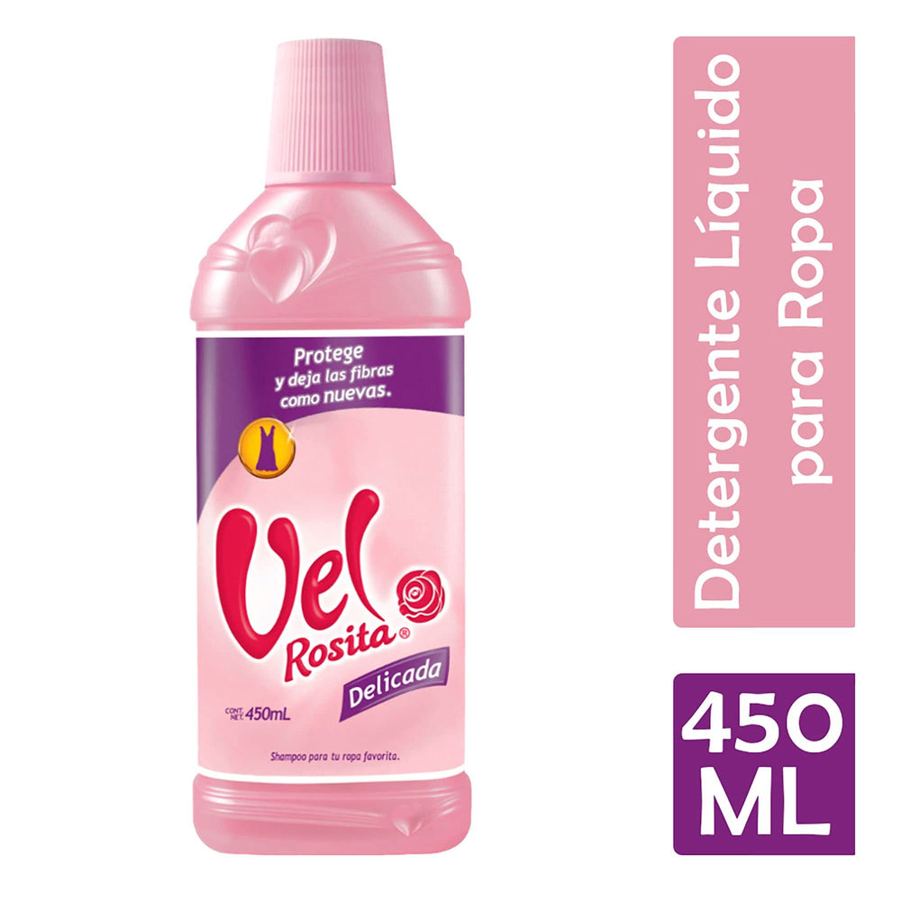 Back view of Vel Rosita Delicada detergent bottle with usage instructions