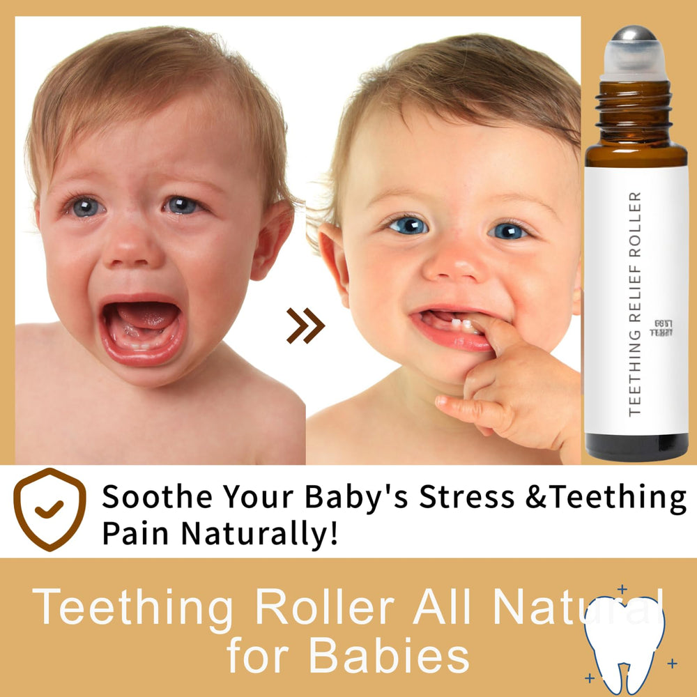 Hands applying Velaria Teething Roller to baby’s gums