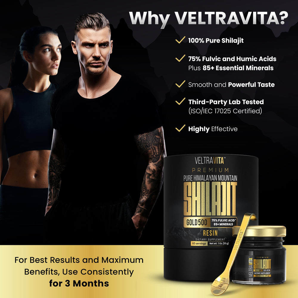 Dark glass jar packaging of VelTRAVita Shilajit resin