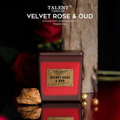 Top view of Velvet Rose & Oud scented candle in dark-lid square container