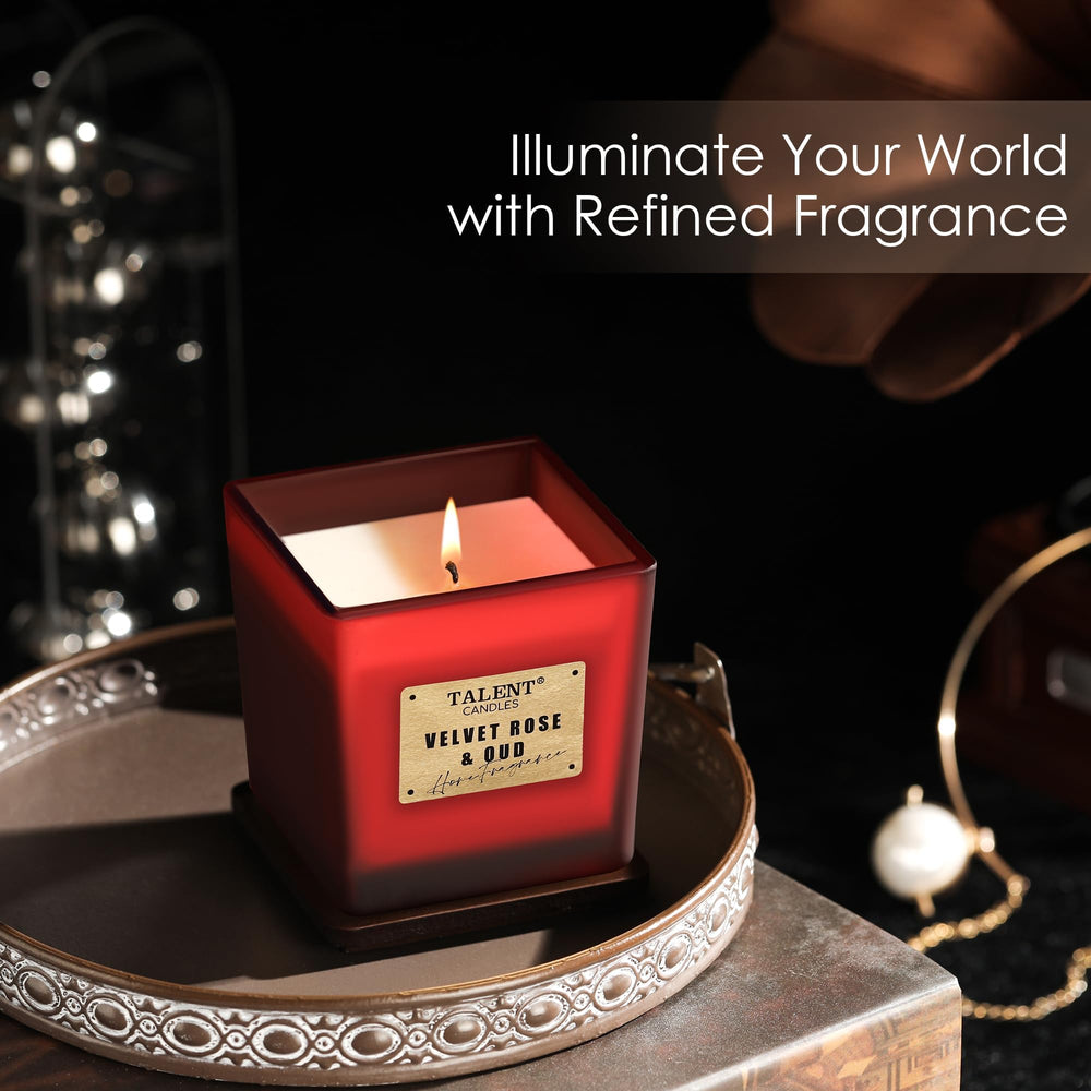 Luxury fragrance candle: Velvet Rose & Oud in square container