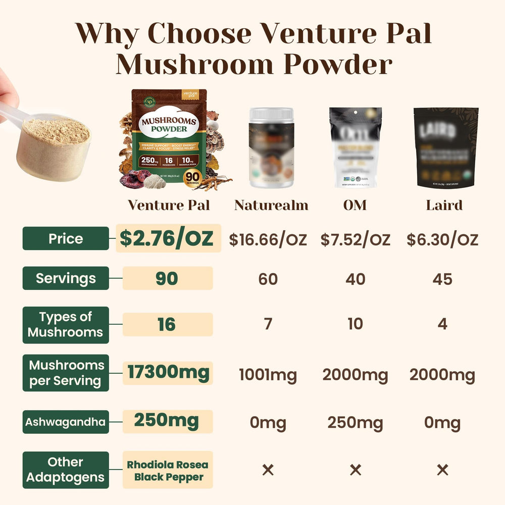 Serving scoop of mushroom powder being added to a smoothie