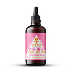 Vesper Pink Freud mushroom liquid extract bottle labeled Reishi and Lion's Mane with Wild Huckleberries