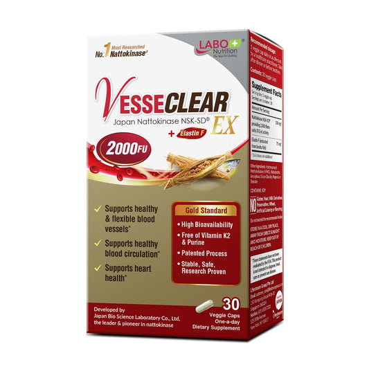 LABO Nutrition VesseCLEAR EX bottle showing NSK-SD nattokinase and Elastin F