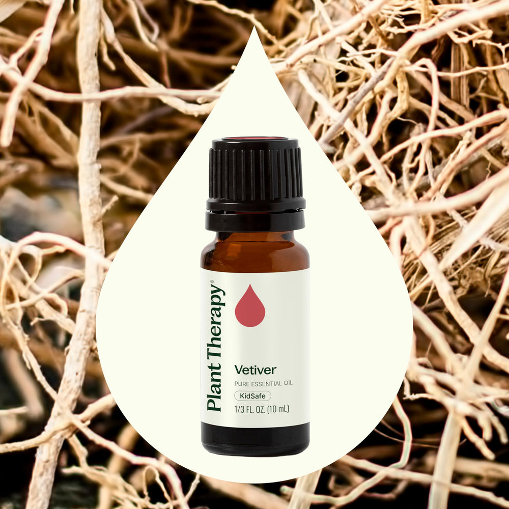 Vetiver essential oil bottle against white background