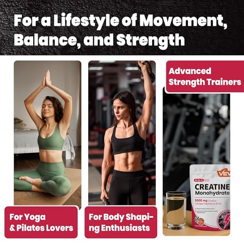 Graphic showing collagen peptides and BCAAs (2:1:1) in VEV Creatine Monohydrate for Women