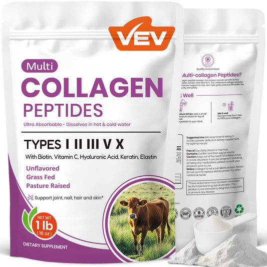 Front view of VEV Multi Collagen Peptides Powder 16 oz bottle