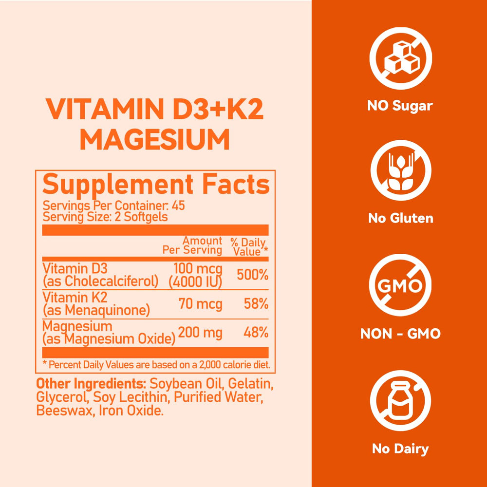 Close-up of Vevoec D3 K2 Magnesium softgels