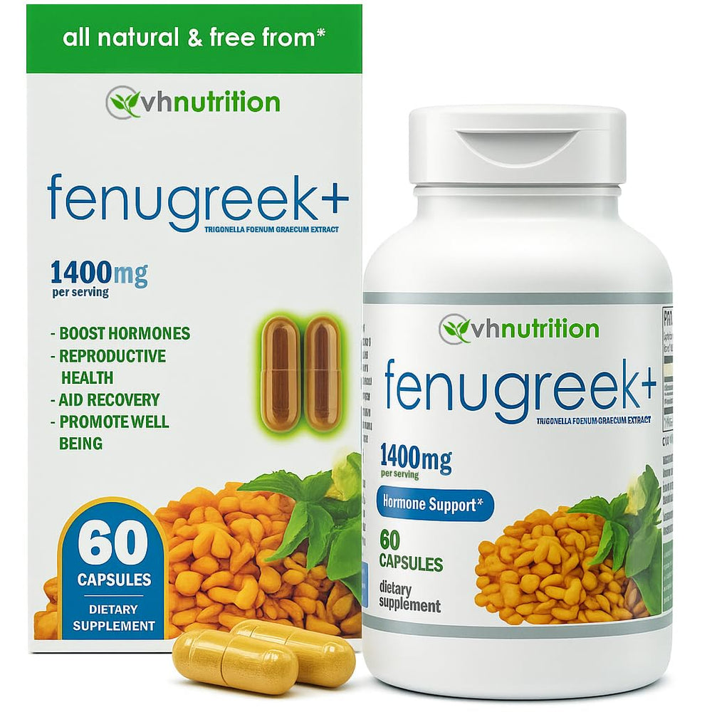 VH Nutrition Fenugreek+ bottle with label front showing 60 capsules
