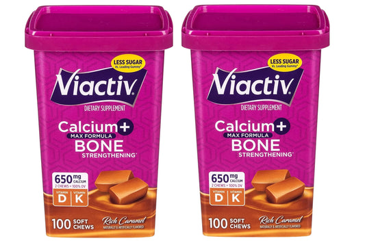 Front view of Viactiv Max Formula Calcium + Vitamin D3 soft chews in rich caramel flavor, 2-pack