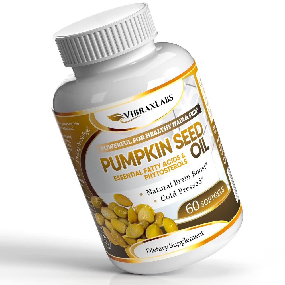 Vibraxlabs Pumpkin Seed Oil bottle with 60 softgels on white background
