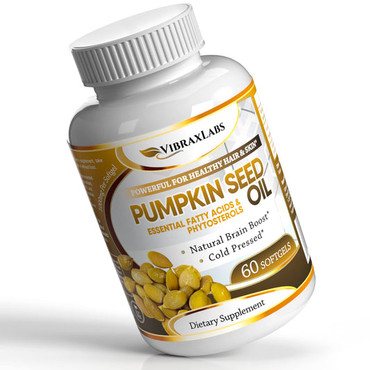 Vibraxlabs Pumpkin Seed Oil bottle with 60 softgels on white background
