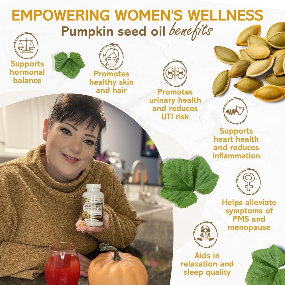Close up of pumpkin seed oil capsules highlighting 1000 mg dosage