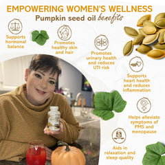 Close up of pumpkin seed oil capsules highlighting 1000 mg dosage
