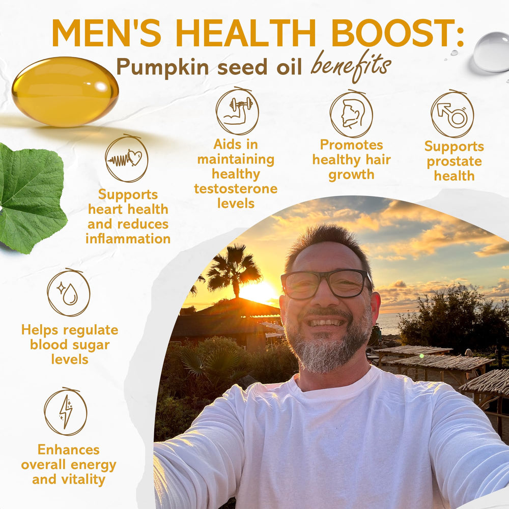Label showing cold pressed 1000 mg per day pumpkin seed oil