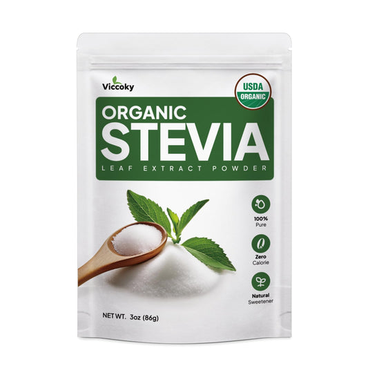 Front label of Viccoky Organic Stevia Powder 3oz