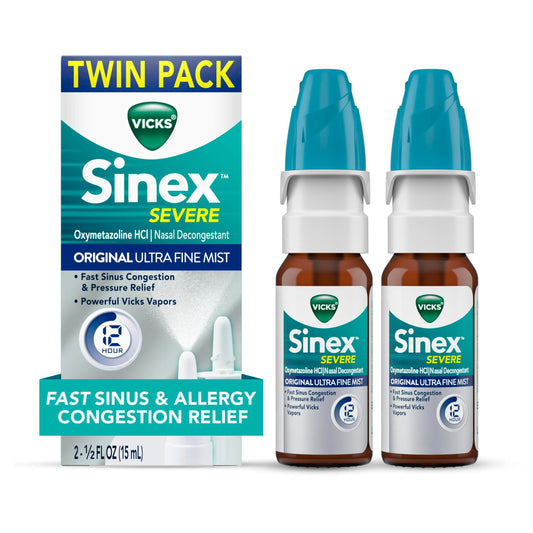 Vicks Sinex Severe bottle with oxymetazoline for fast nasal congestion relief.