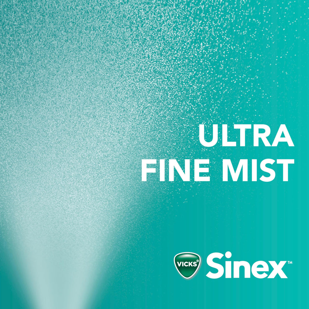 Vicks Sinex Severe spray being dispensed to nasal membranes for relief.