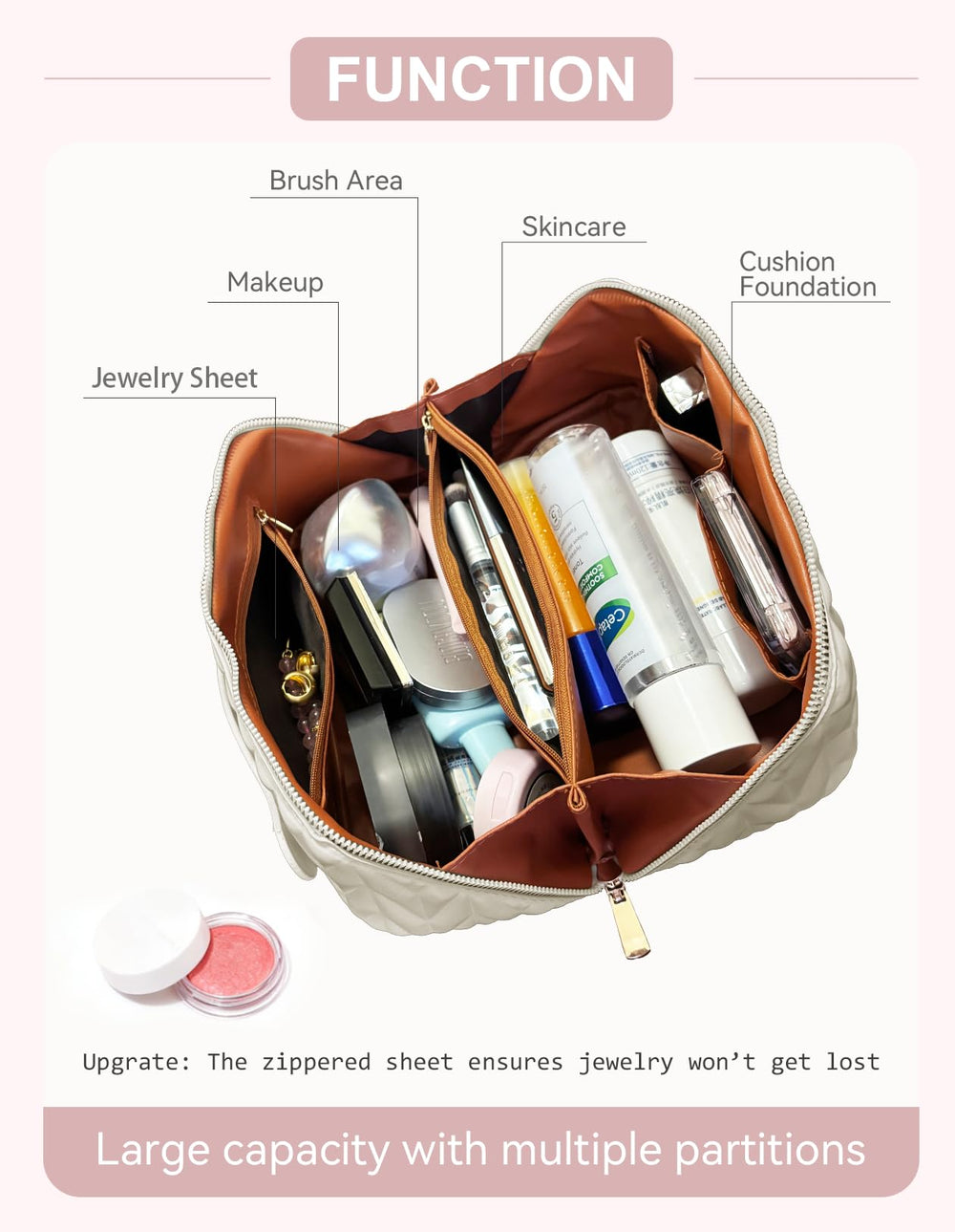 VIDIBESTY makeup bag interior pockets for organized brushes