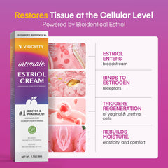 Product display of Vigority Estriol Cream for ongoing intimate care.