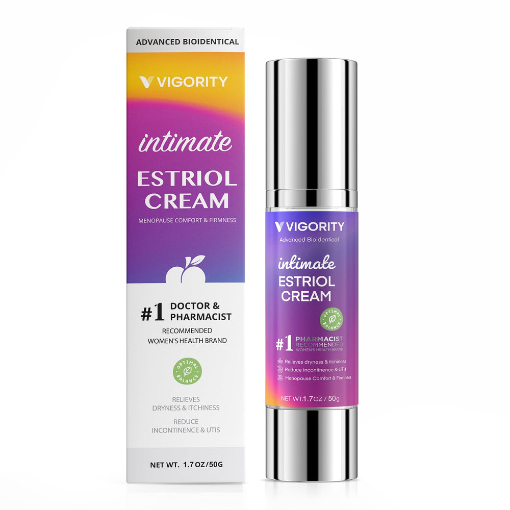 Vigority Bioidentical Estriol Cream tube close-up with smooth texture for daily intimate moisture.