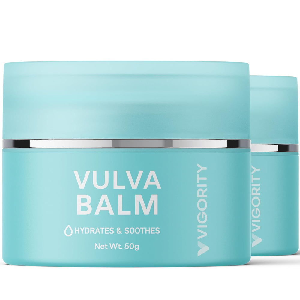 Vigority Vulva Balm jar closeup highlighting creamy texture for daily intimate comfort.
