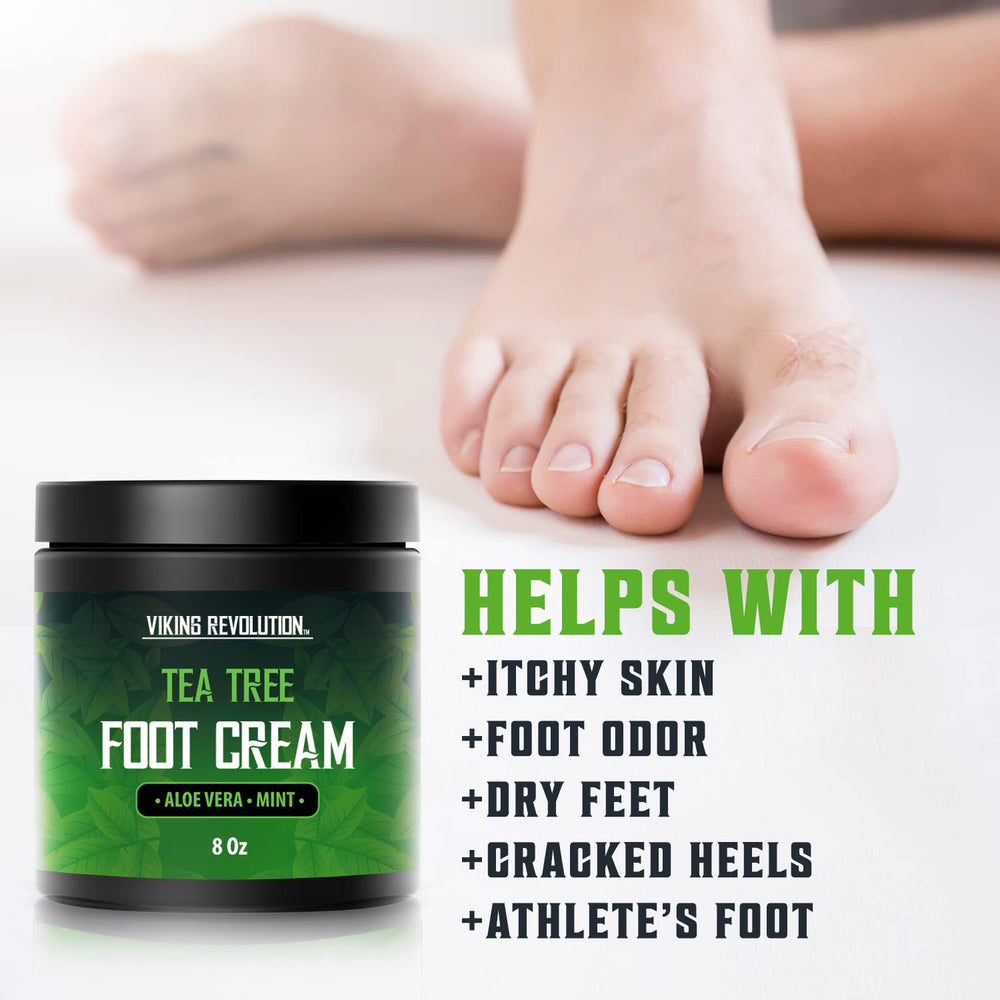 Viking Revolution foot cream being applied to the heel for easy moisturization.