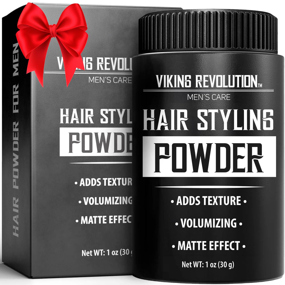 Viking Revolution hair powder packaging, compact for on-the-go styling.