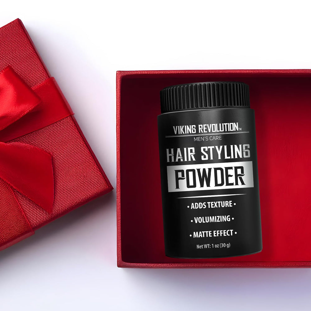 Viking Revolution hair powder close-up texture shows lightweight formula.