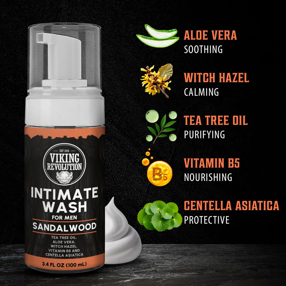 Viking Revolution witch-hazel-extract emphasizes calming, balanced skin after wash.