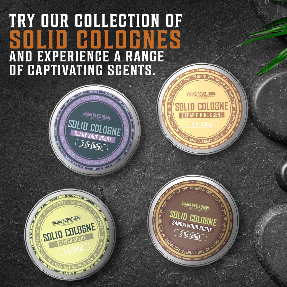 Viking Revolution Vetiver solid cologne packaging emphasizing compact travel-friendly design.