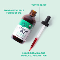 Vimergy B12 bottle label close-up highlighting organic, non-GMO credentials.