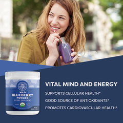 Vimergy Brain Body Protect scoop graphic emphasizing 80 wild blueberries per serving for antioxidant power