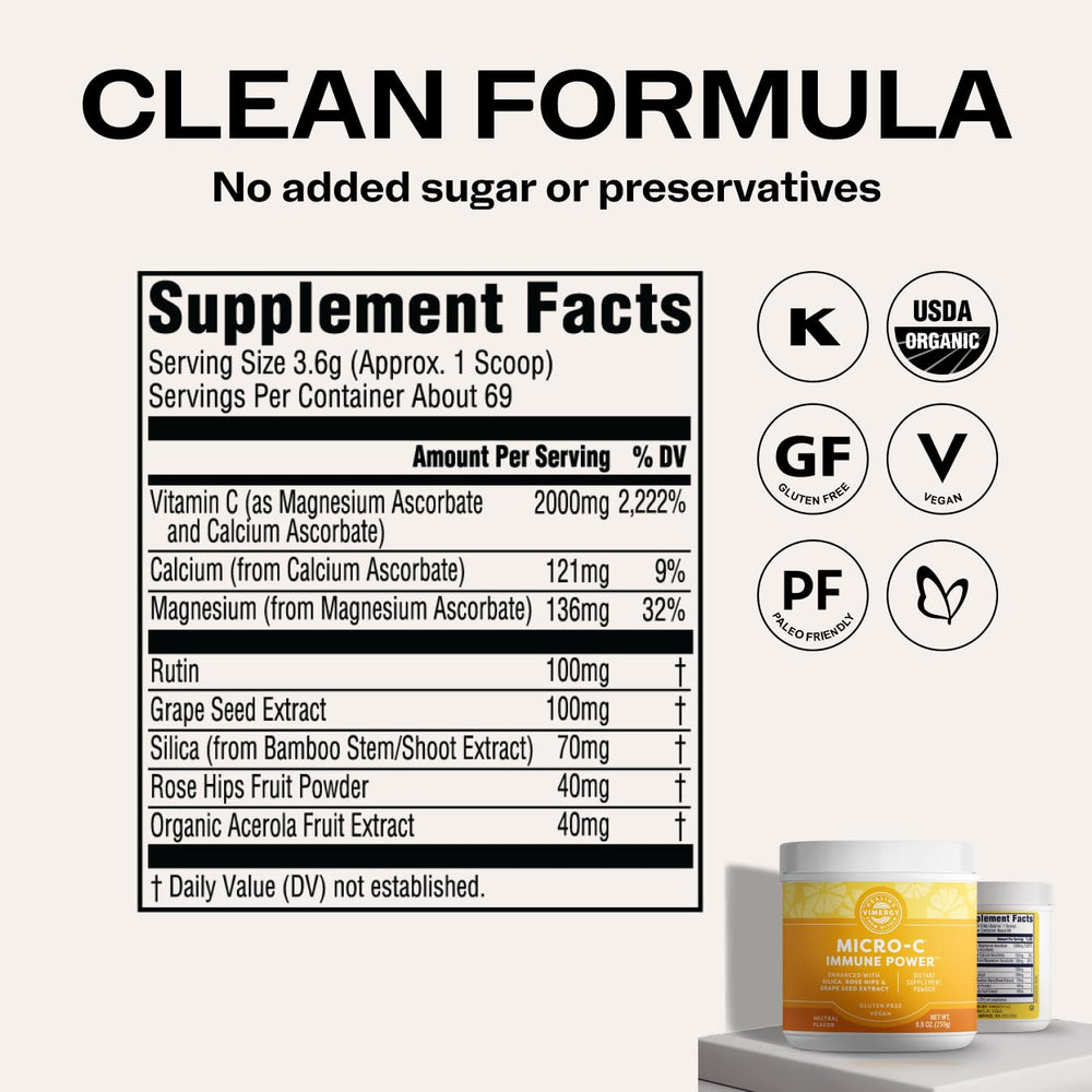 Packaging for Vimergy Micro-C Immune Power highlights vegan, kosher, gluten-free claims