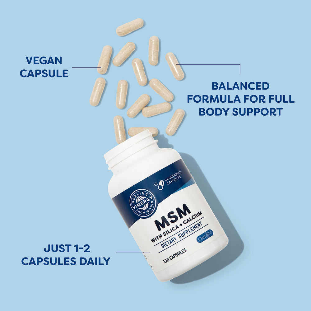 Vimergy MSM capsules being poured, signaling convenient daily use.