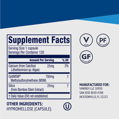 Graphic of four ingredients: OptiMSM, silica, calcium, vegan capsule.