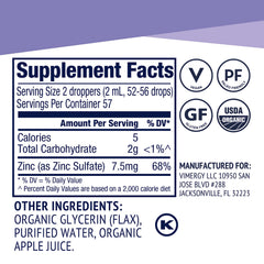 Vimergy Zinc Drops label shows USDA Organic and vegan formula.