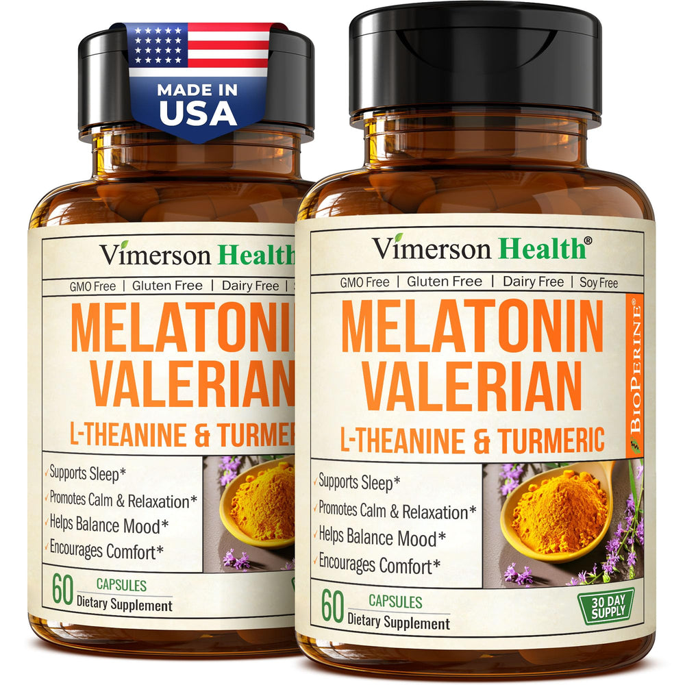 Vimerson Health melatonin-l-theanine-valerian bottle supports calmer nights and restful sleep.