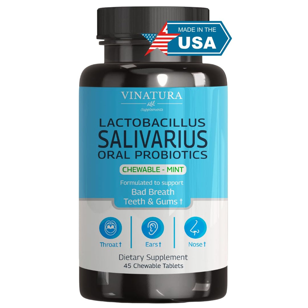 Bottle of VINATURA Lactobacillus Salivarius Oral Probiotics with mint chewables
