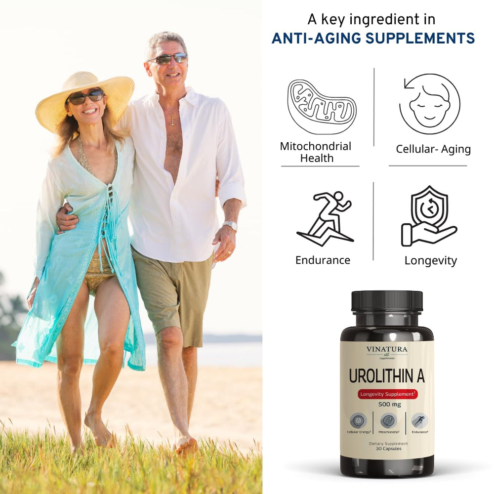 Close-up of the bottle label for VINATURA Urolithin A 500mg