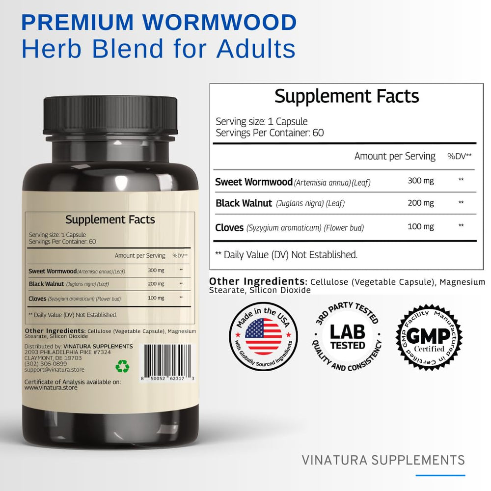 VINATURA Wormwood Black Walnut Clove Capsules bottle back and label
